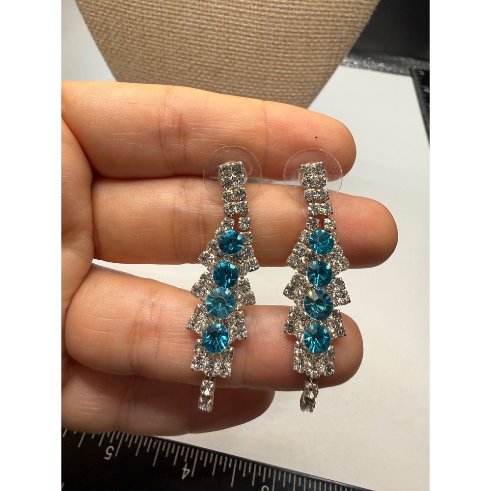 Vintage Silver Turquoise Blue Rhinestone Drop Chandelier Post Earrings